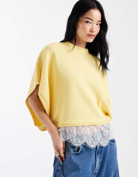 ASOS DESIGN - Gebreide cape met kanten rand in lichtgeel - view 1