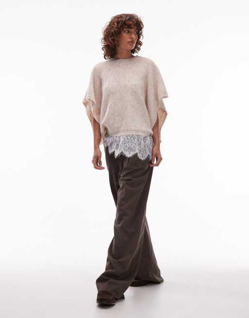 ASOS DESIGN - Gebreide cape met wollook en kanten afwerking in ecru, 2 van 4