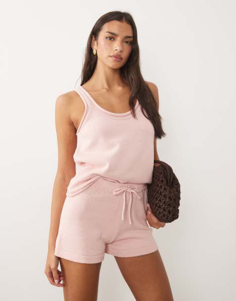 ASOS DESIGN - Gebreide co-ord set van katoenmix met hemdje met lage ronde hals en shorts in babyroze - view 1