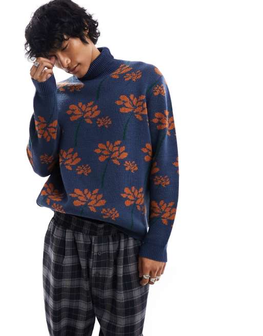 ASOS DESIGN - Gebreide coltrui met bloemenpatroon in marineblauw