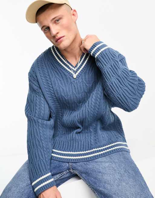 ASOS DESIGN - Gebreide crickettrui met kabels in blauw