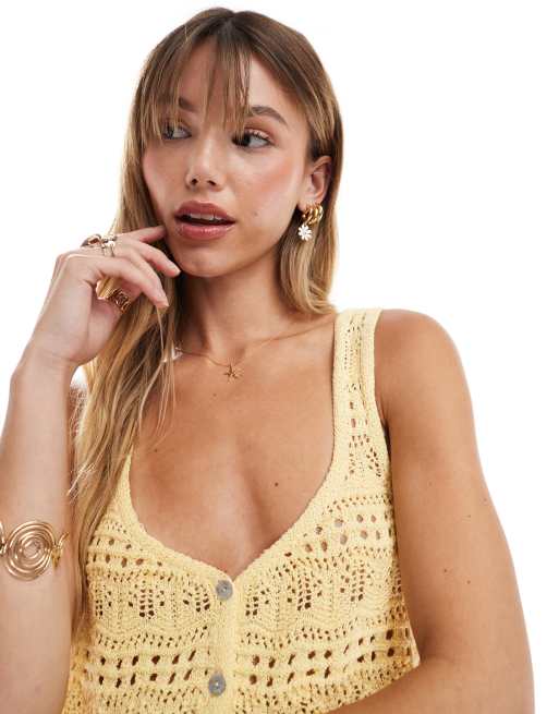 ASOS DESIGN - Gebreide crop camitop met pointelle steken en getextureerd garen in geel
