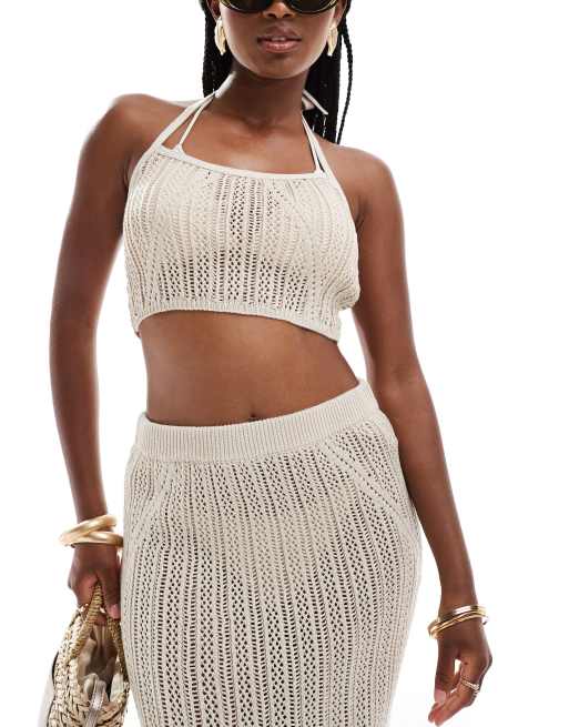 ASOS DESIGN - Gebreide crop top met halternek in crème, deel van co-ord set