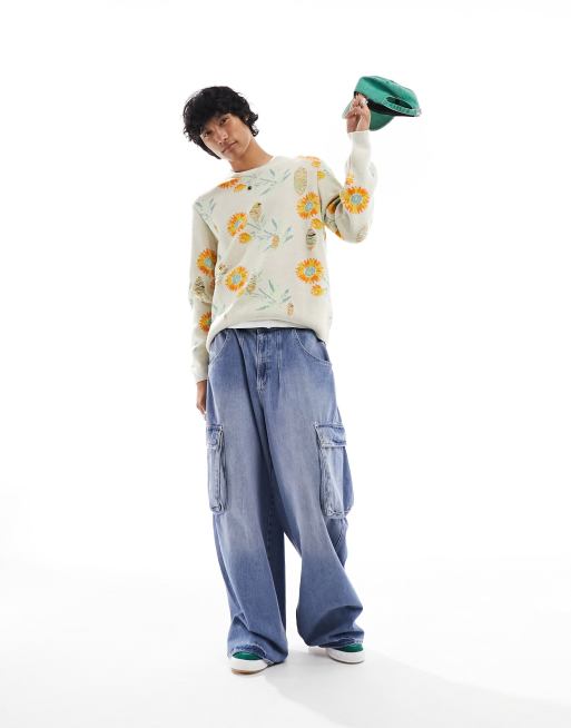 ASOS DESIGN - Gebreide distressed trui met bloemenmotief in stone