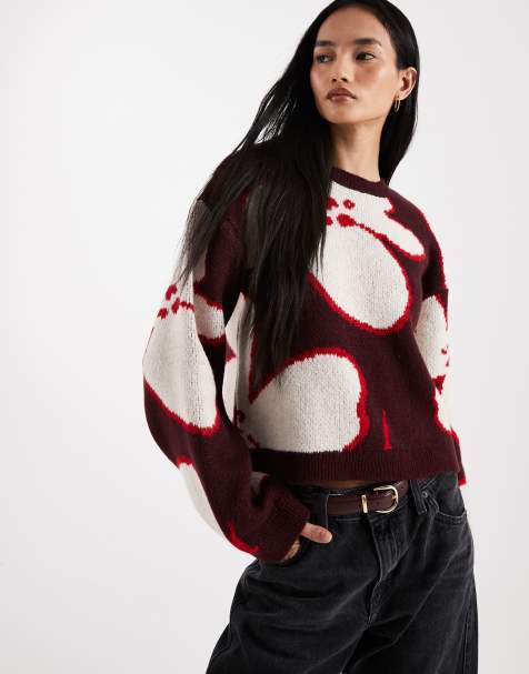 ASOS DESIGN - Gebreide geborstelde trui met bloemenmotief in pruim - view 1