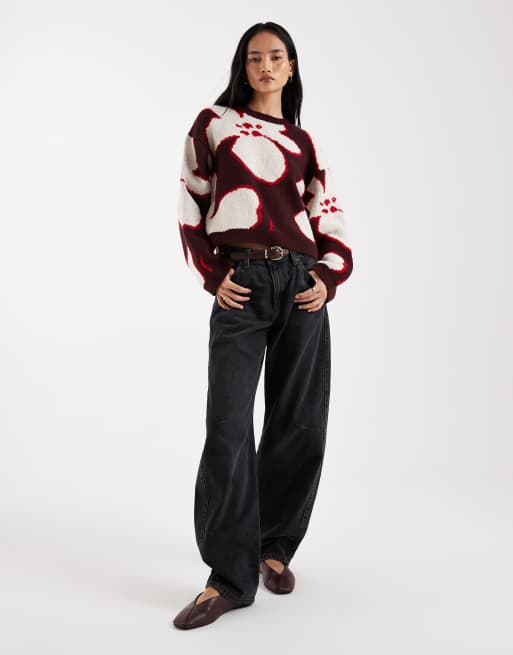 ASOS DESIGN - Gebreide geborstelde trui met bloemenmotief in pruim, 2 van 4