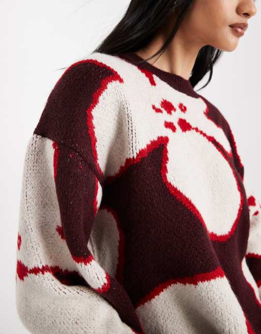 ASOS DESIGN - Gebreide geborstelde trui met bloemenmotief in pruim, 3 van 4