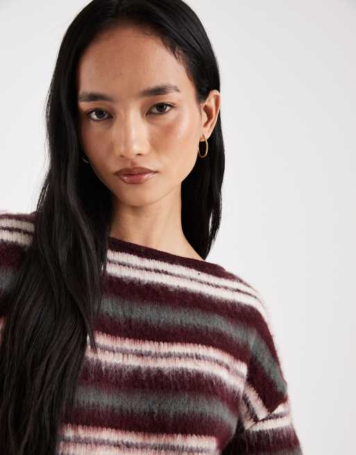 ASOS DESIGN - Gebreide geborstelde trui met strepen in bordeauxrood, 3 van 4
