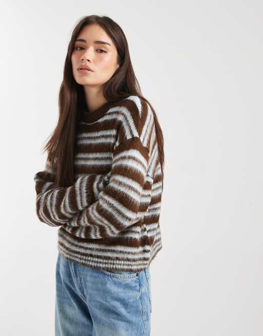 ASOS DESIGN - Gebreide geborstelde trui met strepen in bruin, 3 van 4