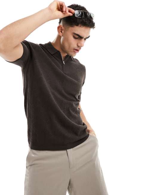 ASOS DESIGN - Gebreide gehaakte polo met rits in bruin