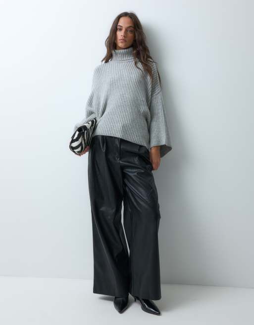 ASOS DESIGN gebreide geribbelde capetrui met col in grijs, 2 van 5