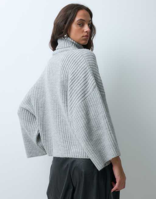 ASOS DESIGN gebreide geribbelde capetrui met col in grijs, 4 van 5