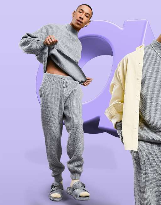 ASOS DESIGN - Gebreide geribbelde joggingbroek in gemêleerd grijs, deel van co-ord set