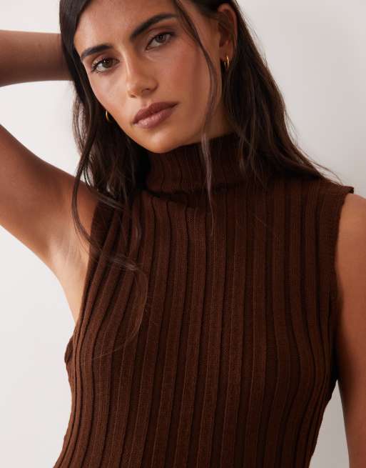 ASOS DESIGN gebreide geribbelde top met hoge hals in chocoladebruin, 3 van 4