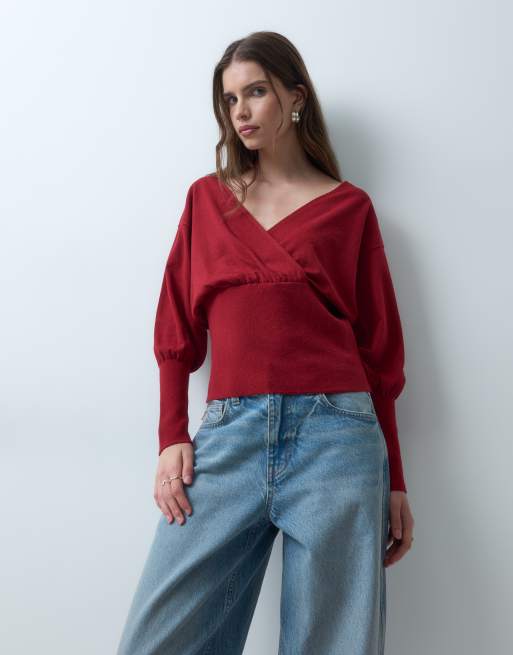 ASOS DESIGN gebreide geribbelde trui met overslag in rood, 3 van 4