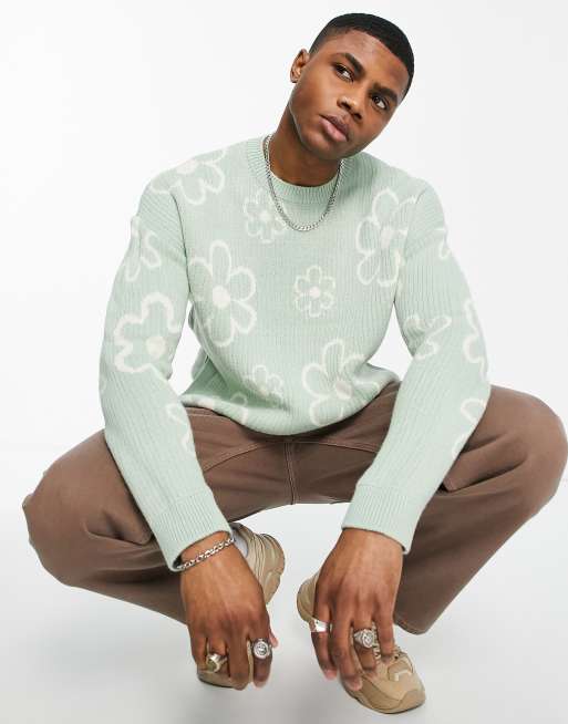 ASOS DESIGN - Gebreide geribbelde trui met textuur en all-over bloemenprint in kaki