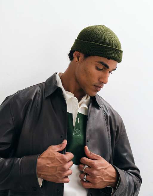 ASOS DESIGN gebreide geribde mini fisherman beanie in kaki, 5 van 5