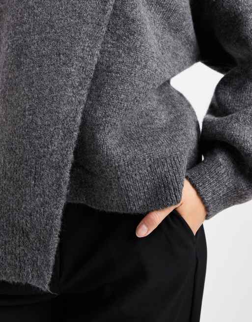 ASOS DESIGN - Gebreide gesplitste trui met ronde hals in antraciet, 2 van 4