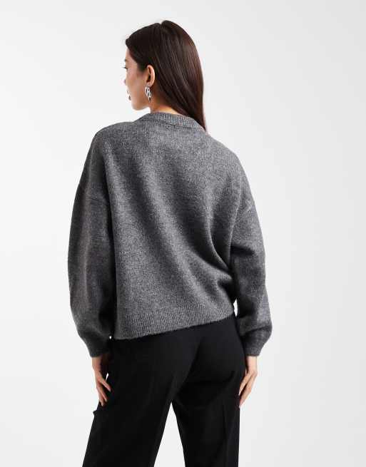 ASOS DESIGN - Gebreide gesplitste trui met ronde hals in antraciet, 3 van 4