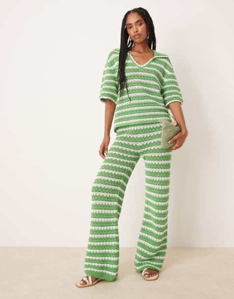 ASOS DESIGN - Gebreide gestreepte broek met wijde pijpen en stiksels, deel van co-ord set - view 1