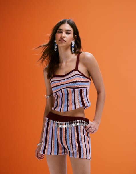 ASOS DESIGN - Gebreide gestreepte co-ord set van bralette en onderbroek-short van imitatie-haakwerk in multi - view 1