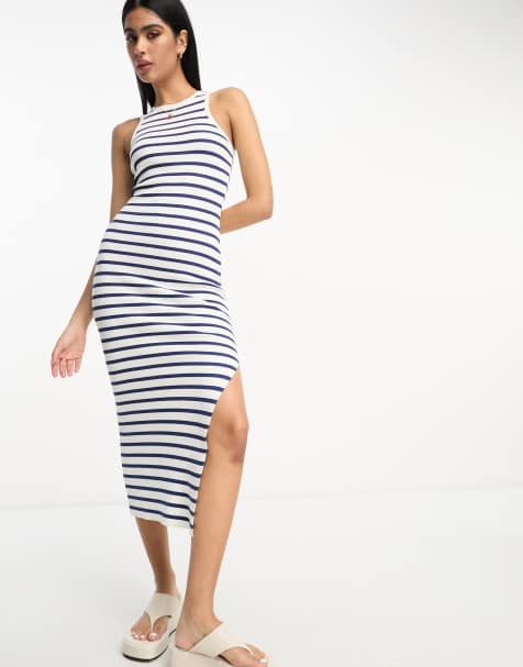 ASOS DESIGN - Gebreide gestreepte midi jurk met racerhals in marineblauw en wit - view 1