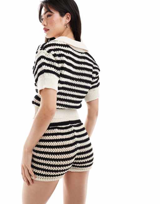 ASOS DESIGN - Gebreide gestreepte polo in zwart en wit, deel van co-ord set, 4 van 4