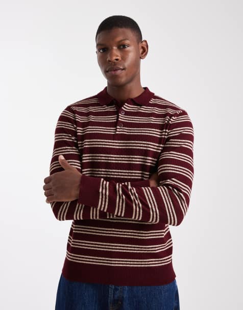 ASOS DESIGN - Gebreide gestreepte polo met lange mouwen in bordeauxrood - view 1