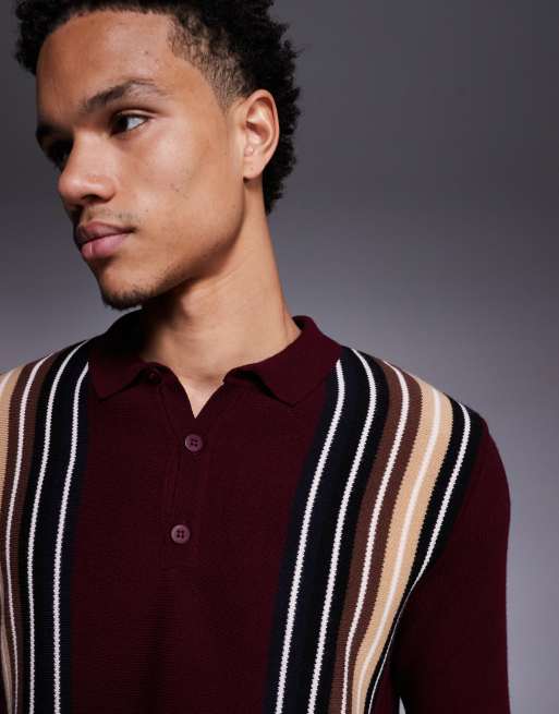ASOS DESIGN - Gebreide gestreepte polo met lange mouwen in bordeauxrood, 4 van 5