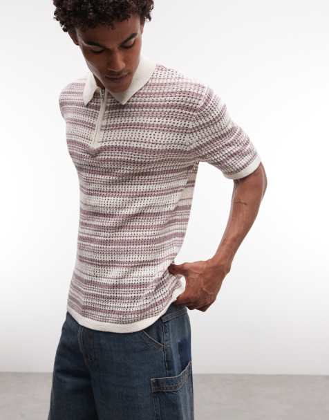 ASOS DESIGN - Gebreide gestreepte polo met rits in ecru en paars - view 1
