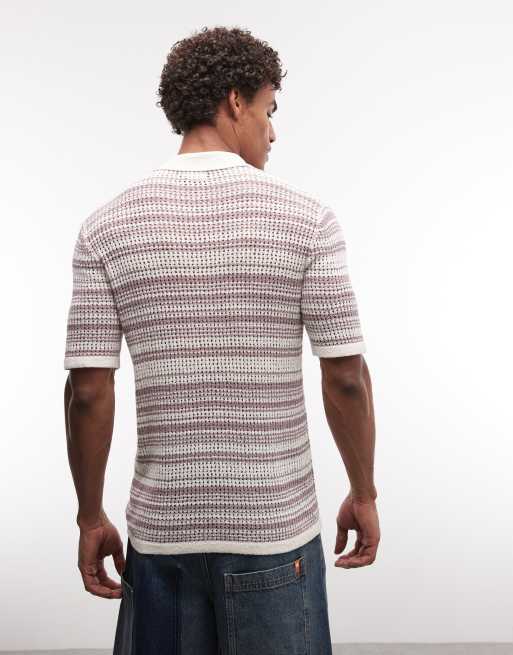 ASOS DESIGN - Gebreide gestreepte polo met rits in ecru en paars, 2 van 5