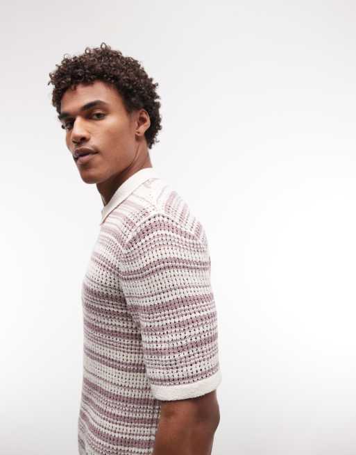 ASOS DESIGN - Gebreide gestreepte polo met rits in ecru en paars, 3 van 5
