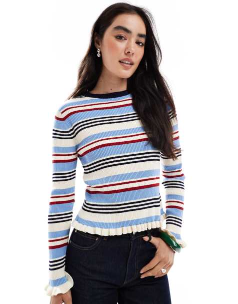 ASOS DESIGN - Gebreide gestreepte top met lange mouwen in multi - view 1