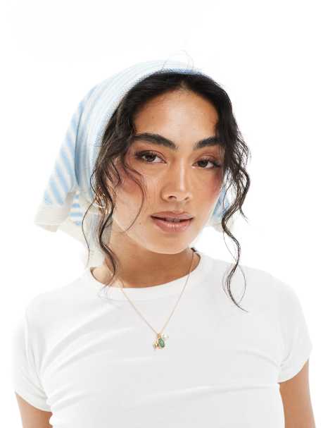 ASOS DESIGN - Gebreide gestreepte vierkante hoofddoek in blauw - view 1
