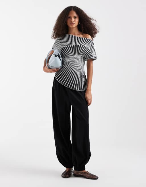 ASOS DESIGN - Gebreide getailleerde geplooide top met zwart-witte strepen, 2 van 4