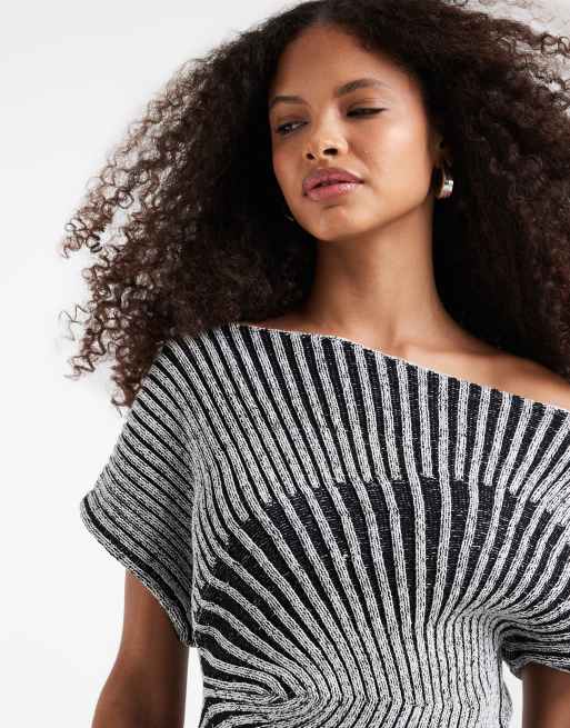 ASOS DESIGN - Gebreide getailleerde geplooide top met zwart-witte strepen, 3 van 4