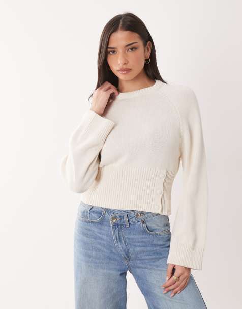 ASOS DESIGN - Gebreide getailleerde trui met knoopsluiting in ecru - view 1