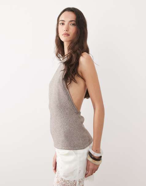 ASOS DESIGN - Gebreide haltertop van linnenmix in ecru - view 1