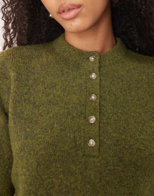 ASOS DESIGN - Gebreide henley top van premium wol- en alpacamix in olijfgroen, 3 van 4