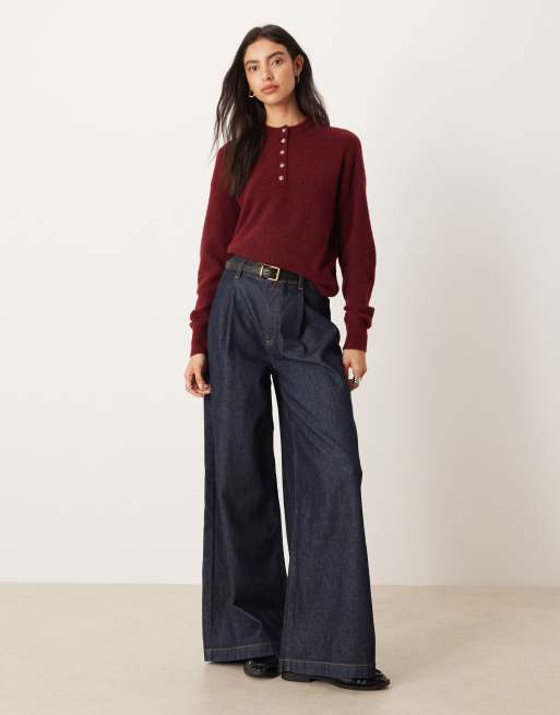 ASOS DESIGN - Gebreide henley top van premium wol- en alpacamix in paars, 2 van 4