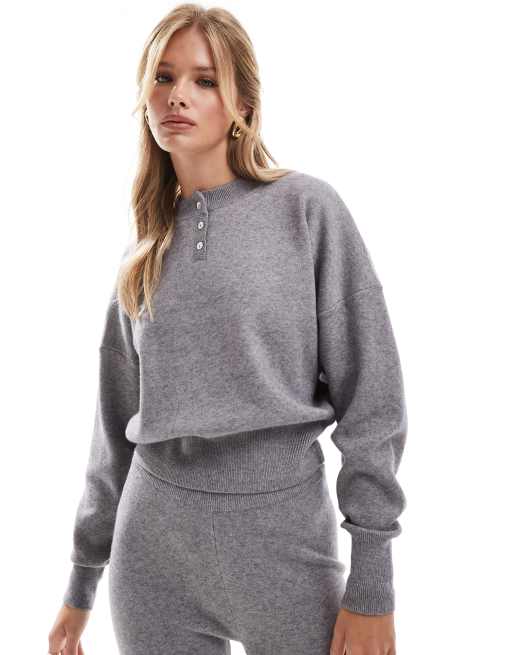 ASOS DESIGN - Gebreide Henley trui van co-ord set met knoopsluiting in grijs