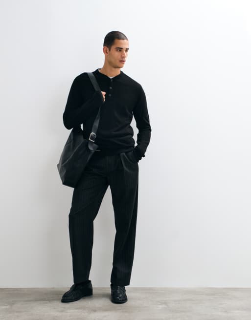 ASOS DESIGN gebreide henleytop met lange mouwen in zwart, 2 van 5