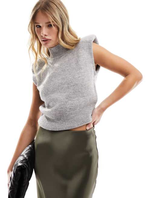 ASOS DESIGN - Gebreide hoogsluitende tanktop met schoudervullingen in grijs