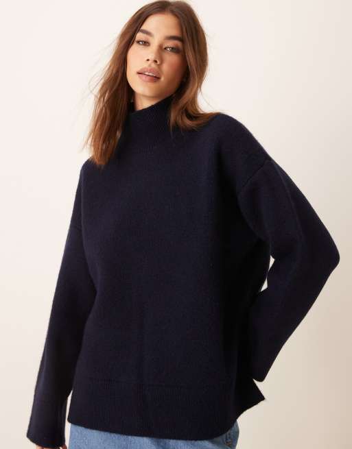 ASOS DESIGN - Gebreide hoogsluitende trui met structuur en A-lijn in marineblauw, 2 van 4