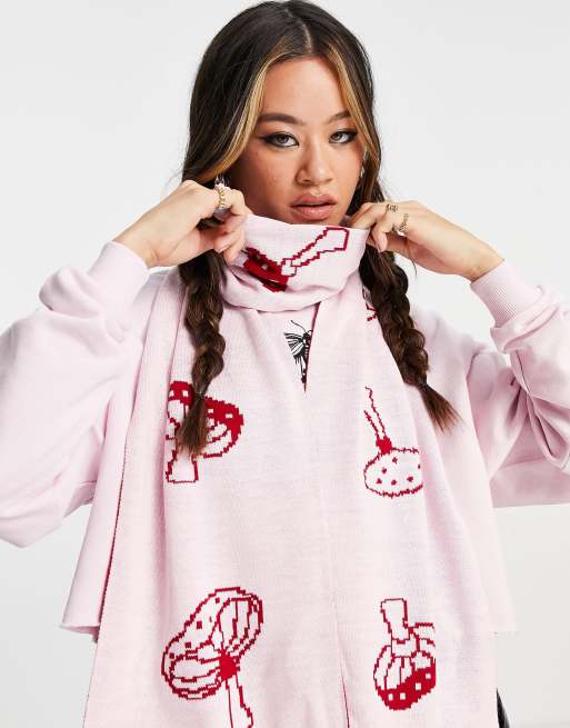 ASOS DESIGN - Gebreide jacquard sjaal met paddenstoelmotief in rood en roze