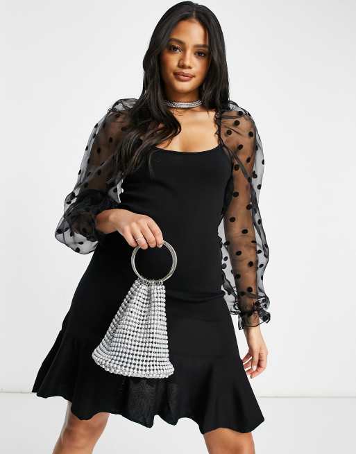 ASOS DESIGN - Gebreide jurk met gestippelde mouwen van organza in zwart, 4 van 4