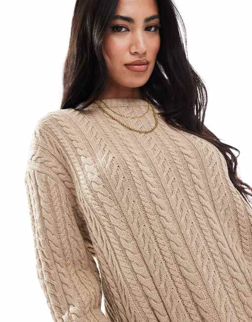 ASOS DESIGN - Gebreide kabeltrui met ronde hals in lichtbeige, 2 van 4