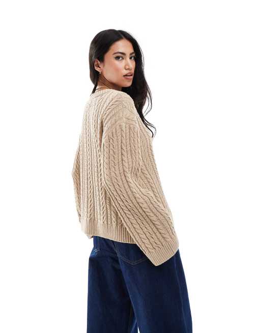 ASOS DESIGN - Gebreide kabeltrui met ronde hals in lichtbeige, 4 van 4