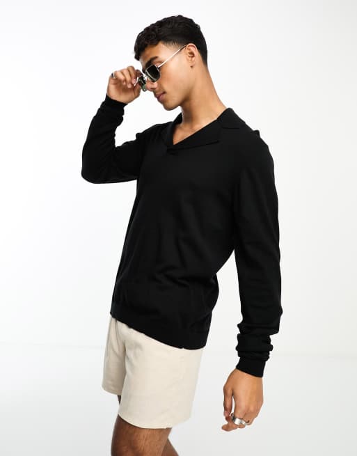 ASOS DESIGN - Gebreide katoenen polotrui met reverskraag in zwart