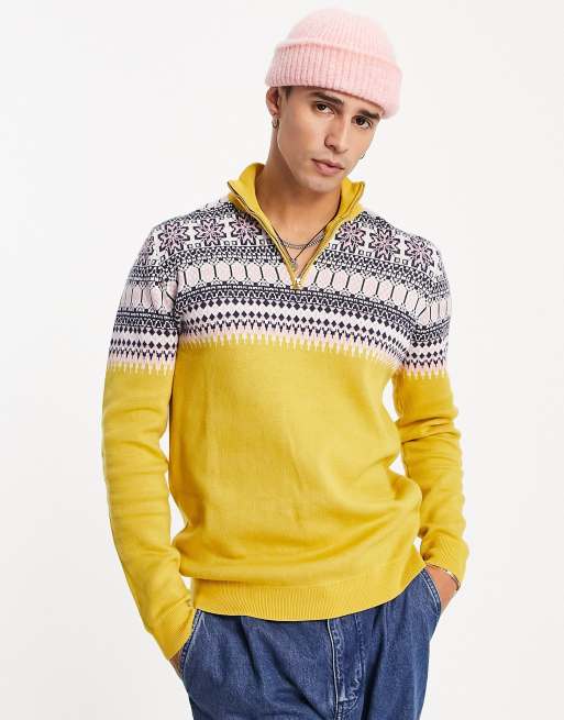 ASOS DESIGN - Gebreide kersttrui met korte rits en pas met fairisle-print in geel